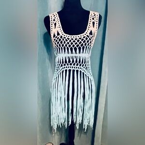 VENUS Macrame Top Size MED Fringe Teal Blue Dipped Top Swimsuit Cover Up